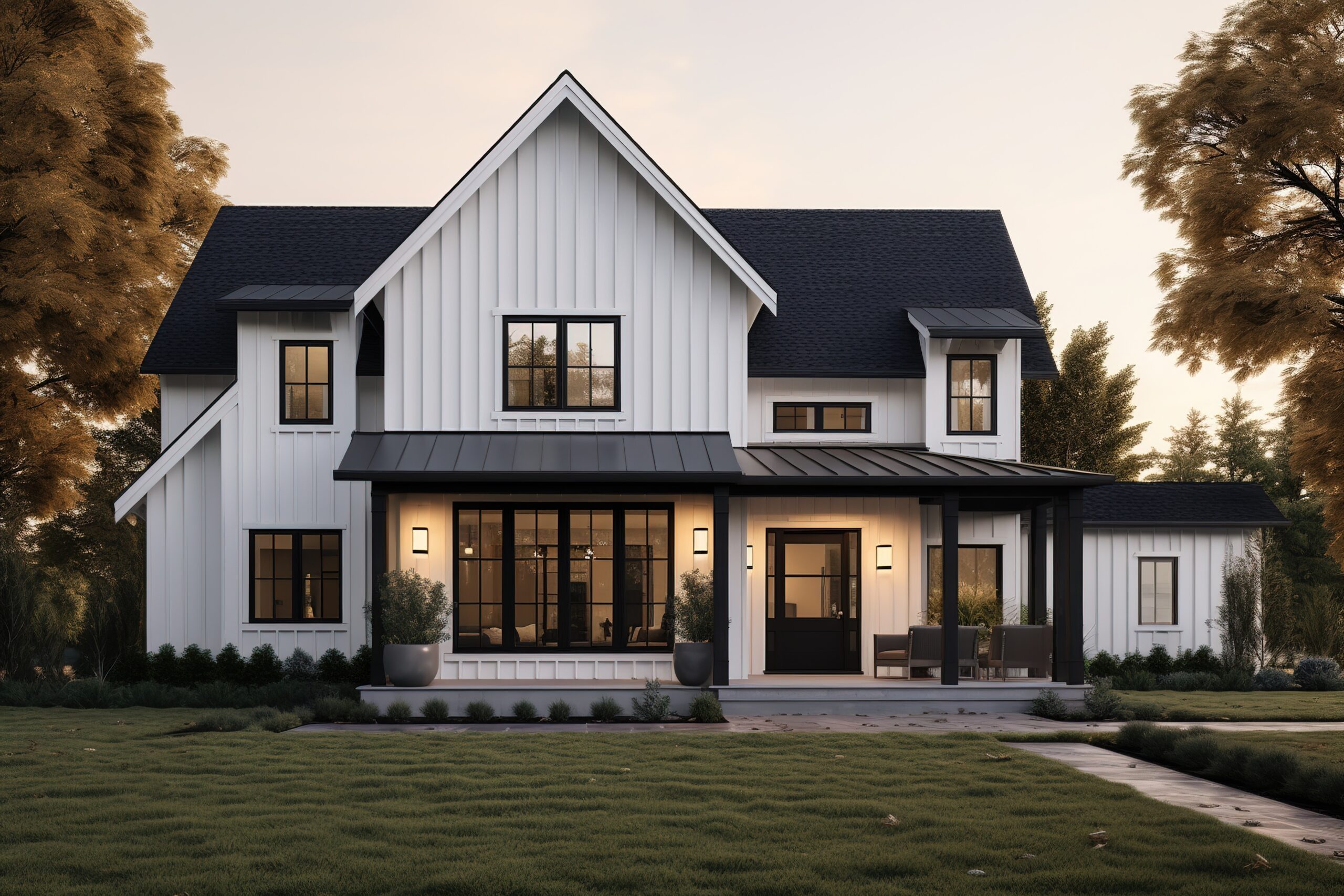 residential construction a new, white modern farmhouse with a dark shingled roof and black window frames. The bottom of the house has a light rock siding and covered front porch.