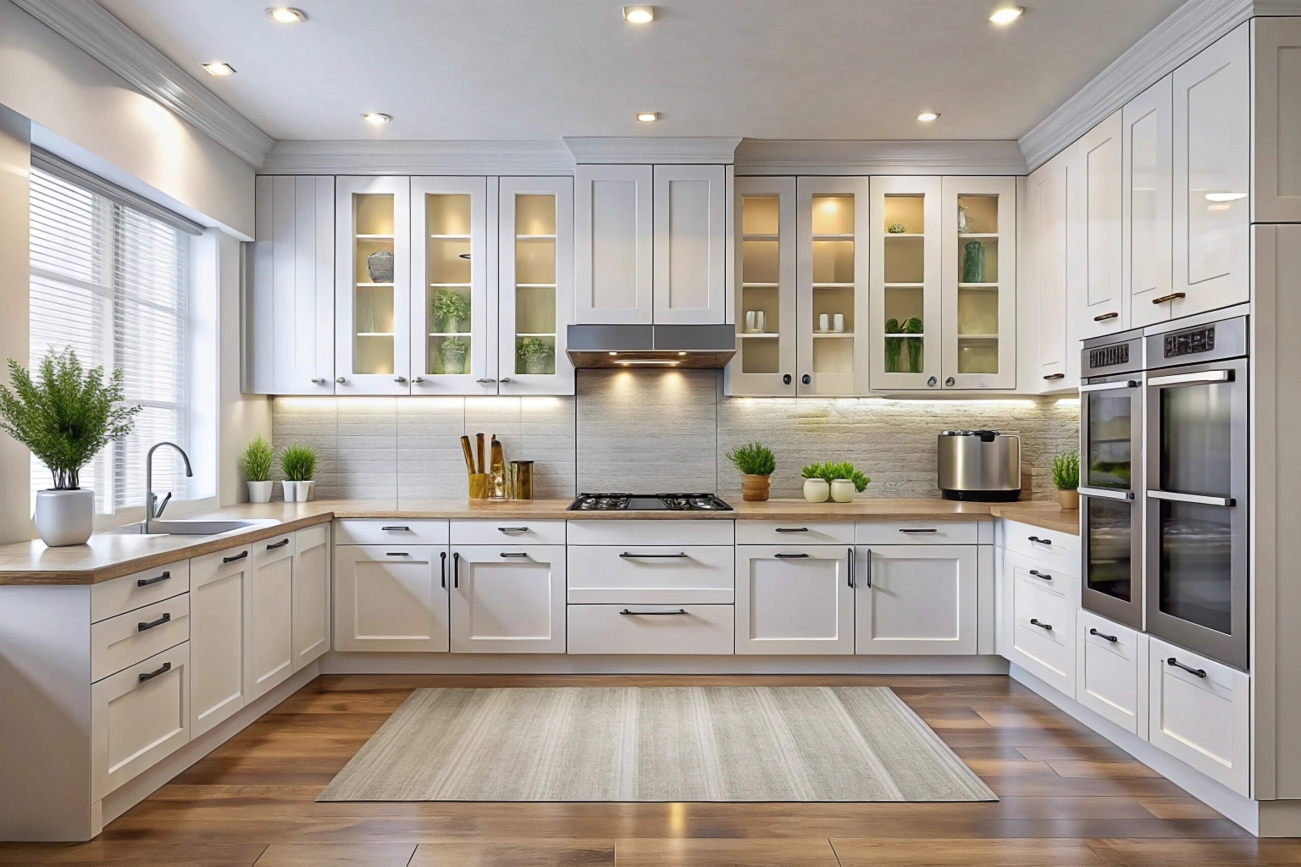 Modern white kitchen with hardwood floors, glass cabinets, and stainless steel appliances. Kitchen Remodeling in Baton Rouge From Outdated to Outstanding